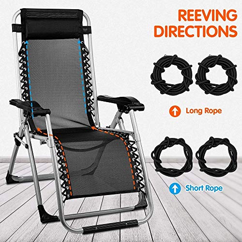 Zero Gravity Chair Replacement Cords, Replacement Laces for Antigravity Chair, Patio Recliners Repair Cord, Bungee Elastic Lounge Chair Cord, Recliner Replacement Parts (Black) 4PCS