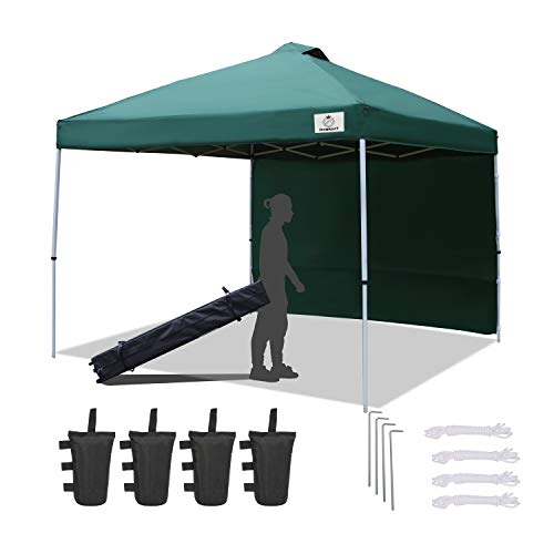 ISAGAPOY Pop up 10x10 Canopy Tent Compact Canopy, Portable Shade Instant Folding Better Air Circulation Canopy with Wheeled Bag x1 Sidewall x1 Canopy Sandbags x4 Tent Stakes x4