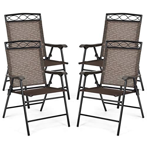 SILKYDRY Set of 4 Folding Patio Chairs, Portable Porch Chairs w/Armrests & Metal Frame, 4-Pack Patio Dining Chairs Outdoor Furniture for Beach, Backyard, Balcony, Deck & Garden (4 pcs, Brown)