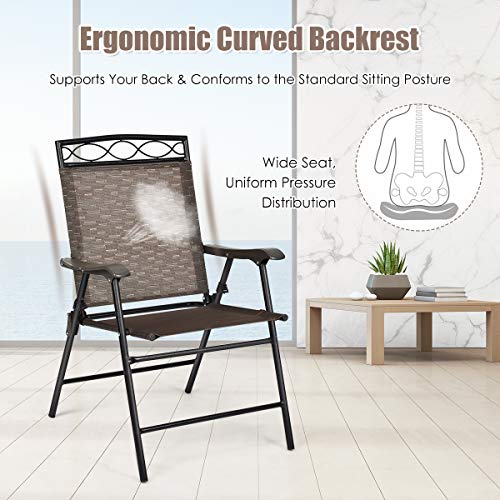 SILKYDRY Set of 4 Folding Patio Chairs, Portable Porch Chairs w/Armrests & Metal Frame, 4-Pack Patio Dining Chairs Outdoor Furniture for Beach, Backyard, Balcony, Deck & Garden (4 pcs, Brown)