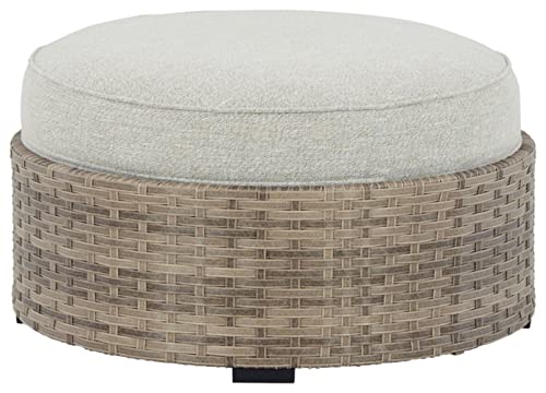 Signature Design by Ashley Outdoor Calworth Patio Wicker Ottoman with Cushion, Beige