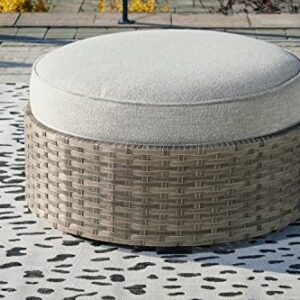 Signature Design by Ashley Outdoor Calworth Patio Wicker Ottoman with Cushion, Beige