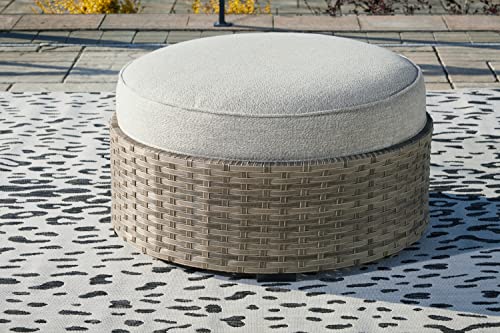 Signature Design by Ashley Outdoor Calworth Patio Wicker Ottoman with Cushion, Beige