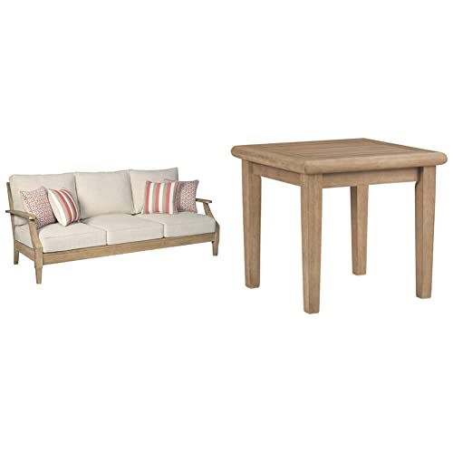 Signature Design by Ashley Clare View Coastal Outdoor Patio Eucalyptus Sofa with Cushions, Beige & Gerianne Outdoor Eucalyptus Patio End Table, Light Brown