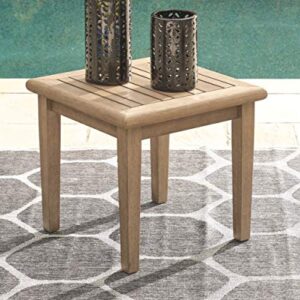 Signature Design by Ashley Clare View Coastal Outdoor Patio Eucalyptus Sofa with Cushions, Beige & Gerianne Outdoor Eucalyptus Patio End Table, Light Brown