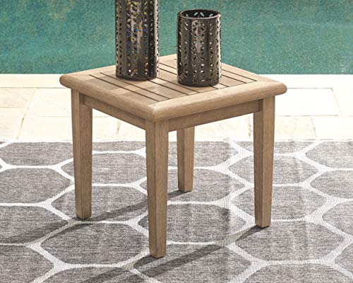 Signature Design by Ashley Clare View Coastal Outdoor Patio Eucalyptus Sofa with Cushions, Beige & Gerianne Outdoor Eucalyptus Patio End Table, Light Brown