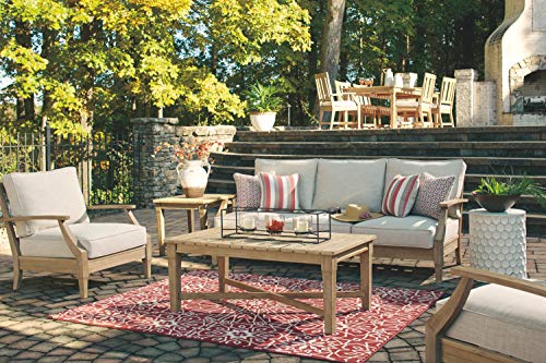 Signature Design by Ashley Clare View Coastal Outdoor Patio Eucalyptus Sofa with Cushions, Beige & Gerianne Outdoor Eucalyptus Patio End Table, Light Brown