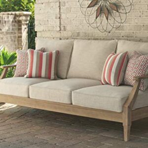 Signature Design by Ashley Clare View Coastal Outdoor Patio Eucalyptus Sofa with Cushions, Beige & Gerianne Outdoor Eucalyptus Patio End Table, Light Brown