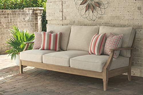 Signature Design by Ashley Clare View Coastal Outdoor Patio Eucalyptus Sofa with Cushions, Beige & Gerianne Outdoor Eucalyptus Patio End Table, Light Brown