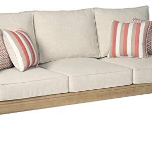 Signature Design by Ashley Clare View Coastal Outdoor Patio Eucalyptus Sofa with Cushions, Beige & Gerianne Outdoor Eucalyptus Patio End Table, Light Brown