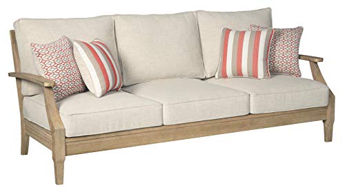 Signature Design by Ashley Clare View Coastal Outdoor Patio Eucalyptus Sofa with Cushions, Beige & Gerianne Outdoor Eucalyptus Patio End Table, Light Brown