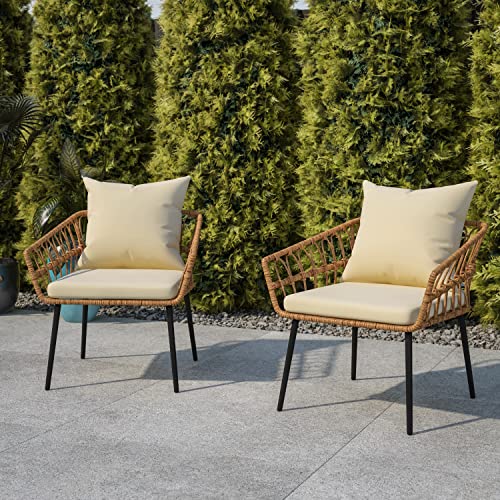 BizChair Evin Set of 2 Boho Indoor/Outdoor Rope Rattan Wicker Patio Chairs with Cream All-Weather Cushions, Natural