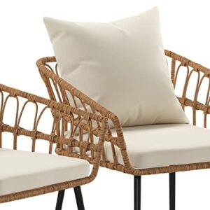 BizChair Evin Set of 2 Boho Indoor/Outdoor Rope Rattan Wicker Patio Chairs with Cream All-Weather Cushions, Natural