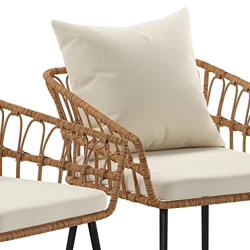 BizChair Evin Set of 2 Boho Indoor/Outdoor Rope Rattan Wicker Patio Chairs with Cream All-Weather Cushions, Natural