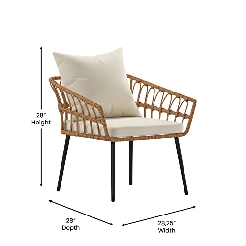 BizChair Evin Set of 2 Boho Indoor/Outdoor Rope Rattan Wicker Patio Chairs with Cream All-Weather Cushions, Natural