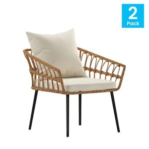 BizChair Evin Set of 2 Boho Indoor/Outdoor Rope Rattan Wicker Patio Chairs with Cream All-Weather Cushions, Natural