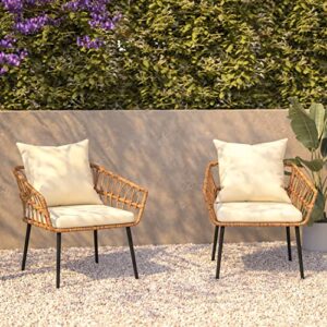 BizChair Evin Set of 2 Boho Indoor/Outdoor Rope Rattan Wicker Patio Chairs with Cream All-Weather Cushions, Natural