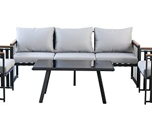 DECMICO Patio 5-Seat Sectional Sofa, Wide Outdoor U-Shaped Steel Frame Finished Rubber and Grey Cushions Sofa Furniture Set with Glass Coffee Tablefor Garden, Backyard, Balcony and Deck…