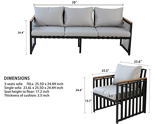 DECMICO Patio 5-Seat Sectional Sofa, Wide Outdoor U-Shaped Steel Frame Finished Rubber and Grey Cushions Sofa Furniture Set with Glass Coffee Tablefor Garden, Backyard, Balcony and Deck…