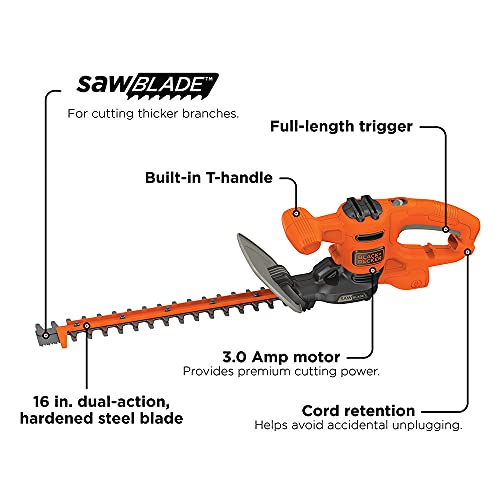 BLACK+DECKER Hedge Trimmer, Dual-Action Blade, 16-Inch (BEHTS125)