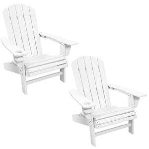 sunnydaze all-weather outdoor adirondack chair with drink holder – heavy duty hdpe weatherproof patio chair – ideal for lawn, garden or around the firepit – white – set of 2