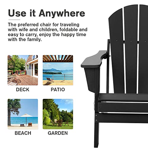 Devoko Adirondack Chair Outdoor Lounge Patio Foldable Chair Painted Adirondack Chairs Resin Weather Resistant Chairs Plastic Lawn Chair for Patio Garden Backyard Porch Garden Fire Pit (Black)