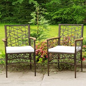 Tangkula Set of 2 Outdoor Dining Chairs, Patiojoy All-Weather PE Wicker Patio Bistro Chairs with Acacia Wood Armrests and Soft Cushions, Outdoor Armchairs for Porch, Garden, Poolside and Backyard