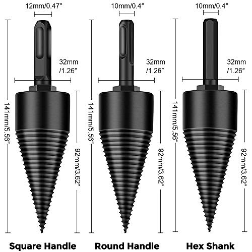 Firewood Log Splitter Drill Bit, 5pcs Removable Cones Kindling Wood Splitting logs bits, 32MM + 42MM Heavy Duty Electric Drills Screw Cone Driver with Round + Hex + Square Shank for Hand Drill Stick