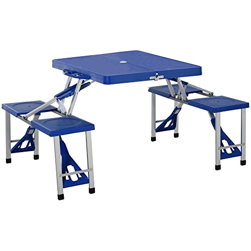 Outsunny Portable Foldable Camping Picnic Table Set with Four Chairs and Umbrella Hole, 4-Seats Aluminum Fold Up Travel Picnic Table, Blue