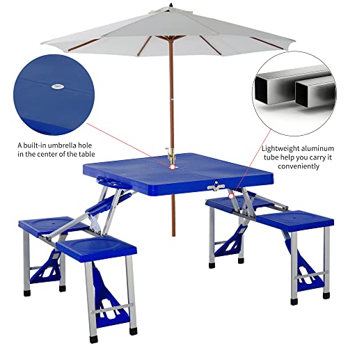 Outsunny Portable Foldable Camping Picnic Table Set with Four Chairs and Umbrella Hole, 4-Seats Aluminum Fold Up Travel Picnic Table, Blue