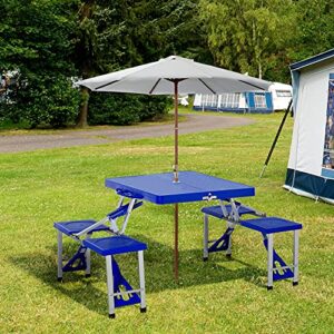 Outsunny Portable Foldable Camping Picnic Table Set with Four Chairs and Umbrella Hole, 4-Seats Aluminum Fold Up Travel Picnic Table, Blue