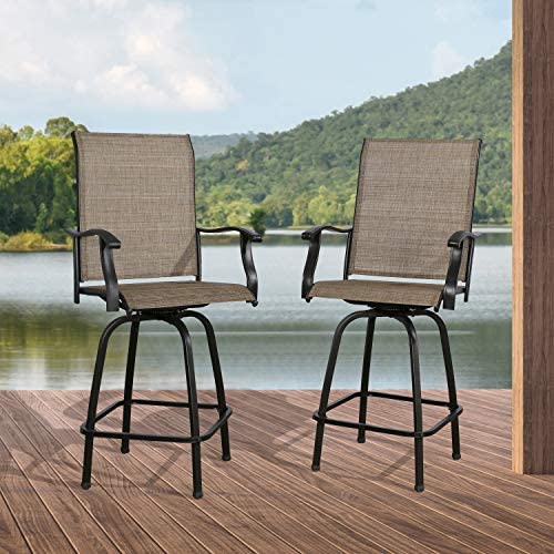 PATIO TREE Outdoor Height Swivel Bar Stools, Patio Textilene Mesh Fabric Height Bistro Chairs with Curved Backrest and Armrest, Set of 2