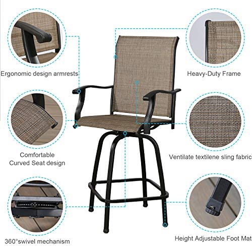 PATIO TREE Outdoor Height Swivel Bar Stools, Patio Textilene Mesh Fabric Height Bistro Chairs with Curved Backrest and Armrest, Set of 2