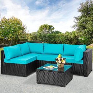walsunny 5 pieces outdoor patio furniture set, all-weather rattan patio sectional sofa wicker conversation set with glass table and cushions(blue)