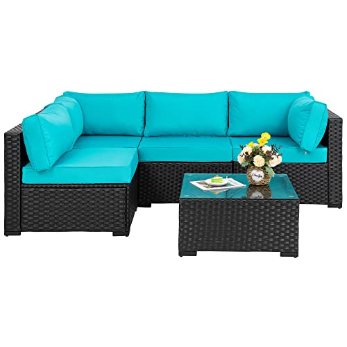 Walsunny 5 Pieces Outdoor Patio Furniture Set, All-Weather Rattan Patio Sectional Sofa Wicker Conversation Set with Glass Table and Cushions(Blue)