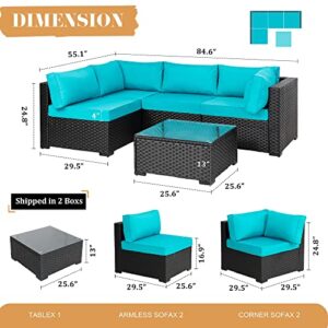 Walsunny 5 Pieces Outdoor Patio Furniture Set, All-Weather Rattan Patio Sectional Sofa Wicker Conversation Set with Glass Table and Cushions(Blue)