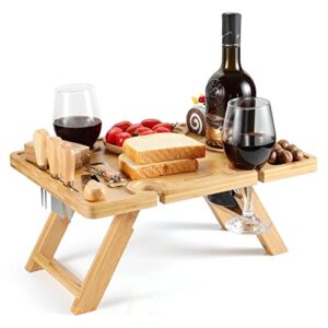 tgosomt wine picnic table foldable, portable bamboo picnic table, picnic tray for outdoor, park, camping, beach