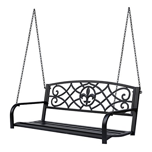 Outsunny 2-Person Porch Swing, Hanging Steel Patio Swing, Outdoor Swing Bench with Fleur-de-Lis Design for Garden Deck, 528 LBS Weight Capacity, Black