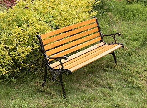 Gardenised Wooden Outdoor Park Patio Garden Yard Bench with Designed Steel Armrest and Legs, Black