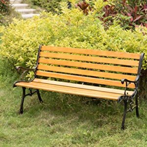 Gardenised Wooden Outdoor Park Patio Garden Yard Bench with Designed Steel Armrest and Legs, Black