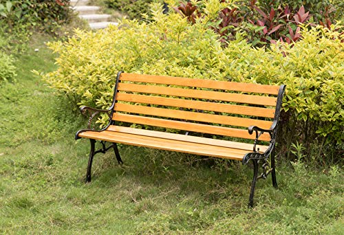 Gardenised Wooden Outdoor Park Patio Garden Yard Bench with Designed Steel Armrest and Legs, Black