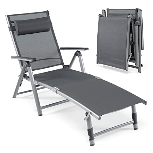 Giantex Outdoor Chaise Lounge Chair - Folding Lounge Chair w/ 8-Level Adjustable Backrests, Aluminum Frame, Cozy Headrest Pillow, Patio Recliner for Backyard Poolside Balcony (1, Gray)
