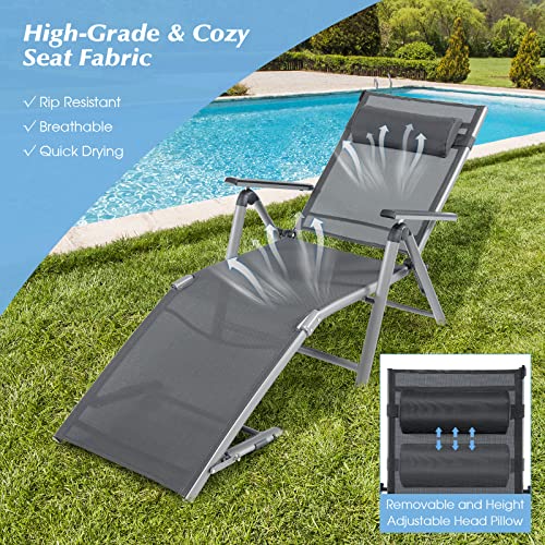 Giantex Outdoor Chaise Lounge Chair - Folding Lounge Chair w/ 8-Level Adjustable Backrests, Aluminum Frame, Cozy Headrest Pillow, Patio Recliner for Backyard Poolside Balcony (1, Gray)