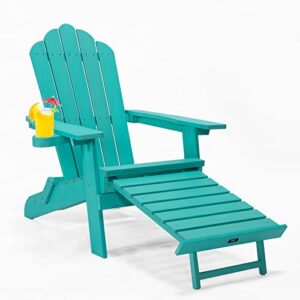 tale folding adirondack chair with pullout ottoman with cup holder, weather resistant, oversized, poly lumber, lawn outdoor fire pit chairs, for patio deck garden, backyard, aruba blue