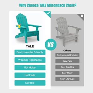 TALE Folding Adirondack Chair with Pullout Ottoman with Cup Holder, Weather Resistant, Oversized, Poly Lumber, Lawn Outdoor Fire Pit Chairs, for Patio Deck Garden, Backyard, Aruba Blue