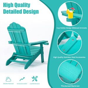 TALE Folding Adirondack Chair with Pullout Ottoman with Cup Holder, Weather Resistant, Oversized, Poly Lumber, Lawn Outdoor Fire Pit Chairs, for Patio Deck Garden, Backyard, Aruba Blue