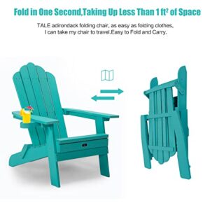 TALE Folding Adirondack Chair with Pullout Ottoman with Cup Holder, Weather Resistant, Oversized, Poly Lumber, Lawn Outdoor Fire Pit Chairs, for Patio Deck Garden, Backyard, Aruba Blue