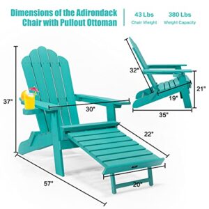 TALE Folding Adirondack Chair with Pullout Ottoman with Cup Holder, Weather Resistant, Oversized, Poly Lumber, Lawn Outdoor Fire Pit Chairs, for Patio Deck Garden, Backyard, Aruba Blue