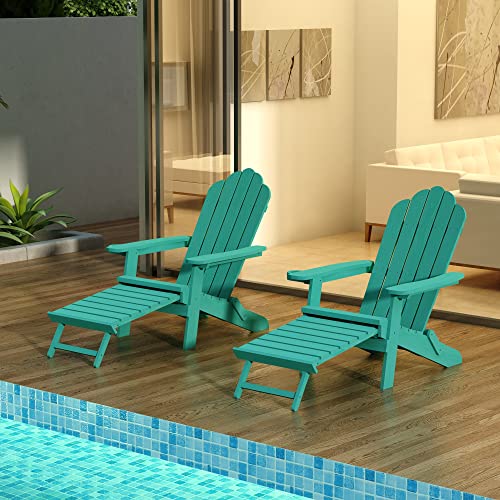 TALE Folding Adirondack Chair with Pullout Ottoman with Cup Holder, Weather Resistant, Oversized, Poly Lumber, Lawn Outdoor Fire Pit Chairs, for Patio Deck Garden, Backyard, Aruba Blue