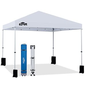 ezlyft 10’x10’ pop up canopy tent patented ez set-up canopy instant outdoor canopy with wheeled carry bag bonus 4 weight sandbags, 8 stakes and 4 guyline ropes, white